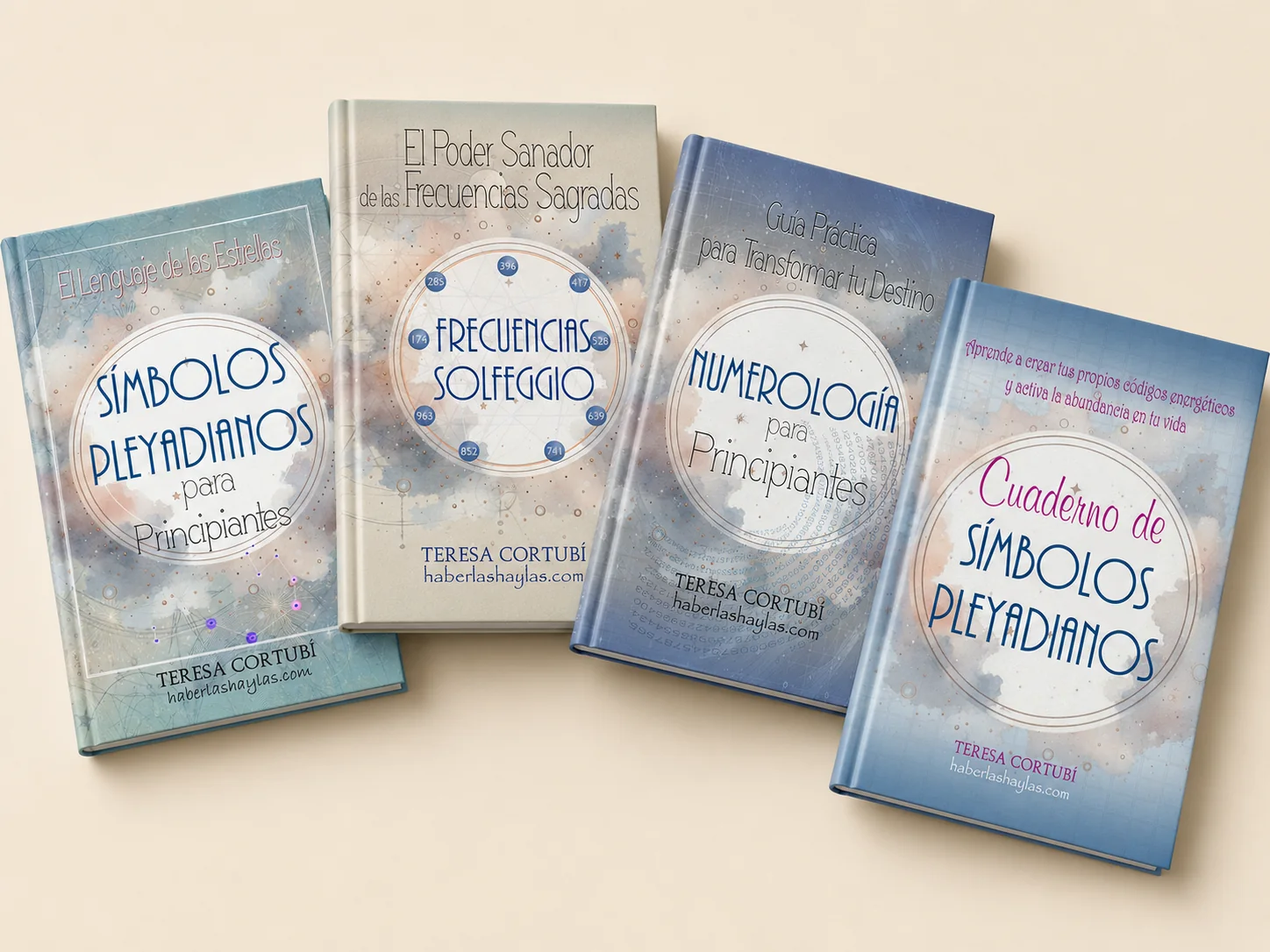 A collection of four books by Teresa Cortubí about numerology, frequencies, and Pleiadian symbols.